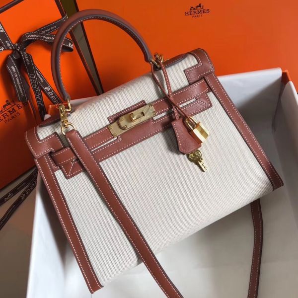 HERM Kelly 28cm Bag In Canvas With Barenia Leather