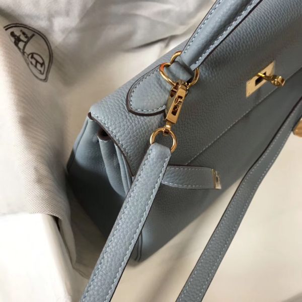 HERM Kelly 28cm Bag In Blue Lin Clemence Leather GHW