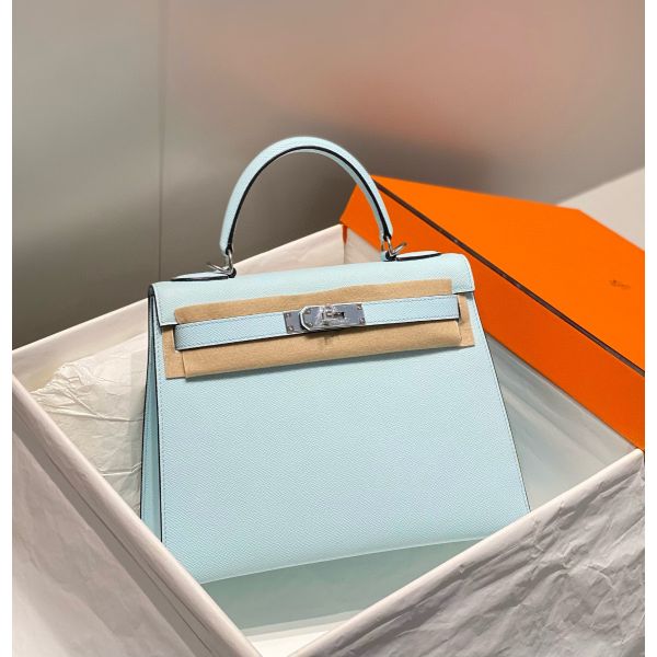 HERM Kelly 28cm Bag In Blue Brume Epsom Leather PHW