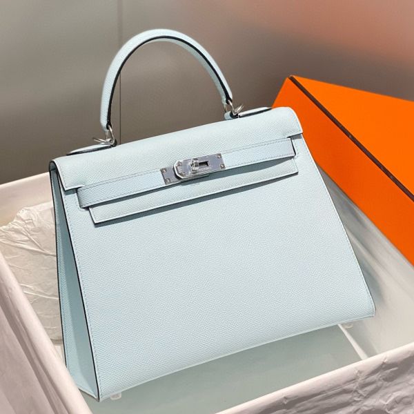 HERM Kelly 28cm Bag In Blue Brume Epsom Leather PHW