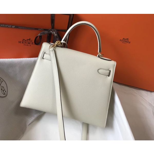 HERM Kelly 28cm Bag In White Epsom Leather GHW