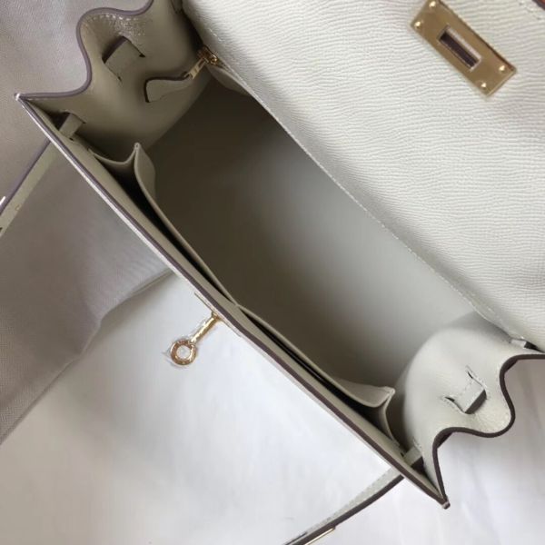 HERM Kelly 28cm Bag In White Epsom Leather GHW