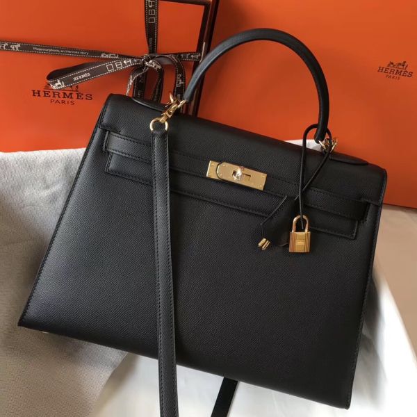 HERM Kelly 32cm Bag In Black Epsom Leather GHW