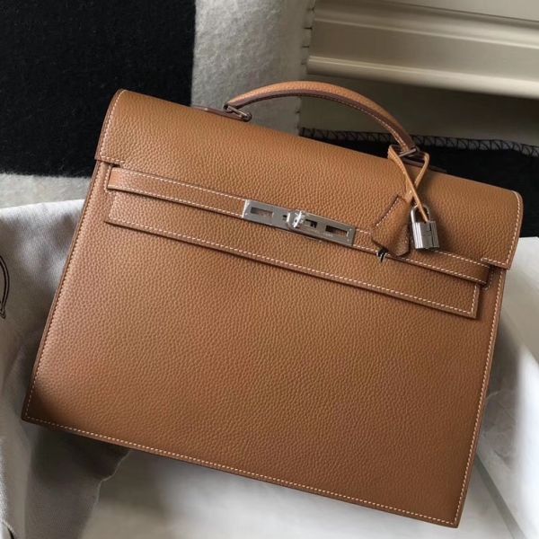 HERM Kelly Depeche 34 Briefcase In Brown Calfskin