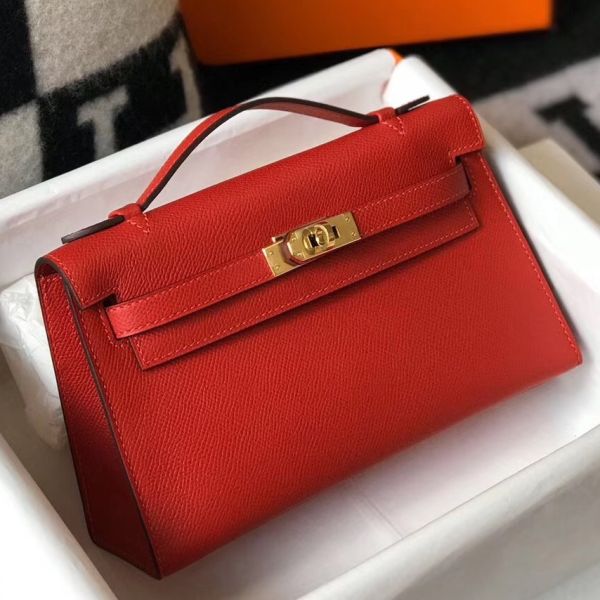HERM Kelly Pochette Bag In Red Epsom Leather