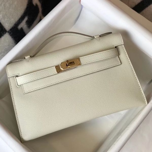 HERM Kelly Pochette Bag In White Epsom Leather