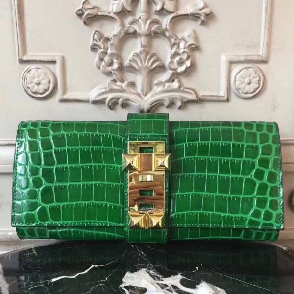 HERM Medor Clutch Bag In Bamboo Crocodile Leather