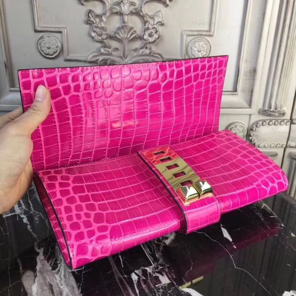 HERM Medor Clutch Bag In Rose Red Crocodile Leather