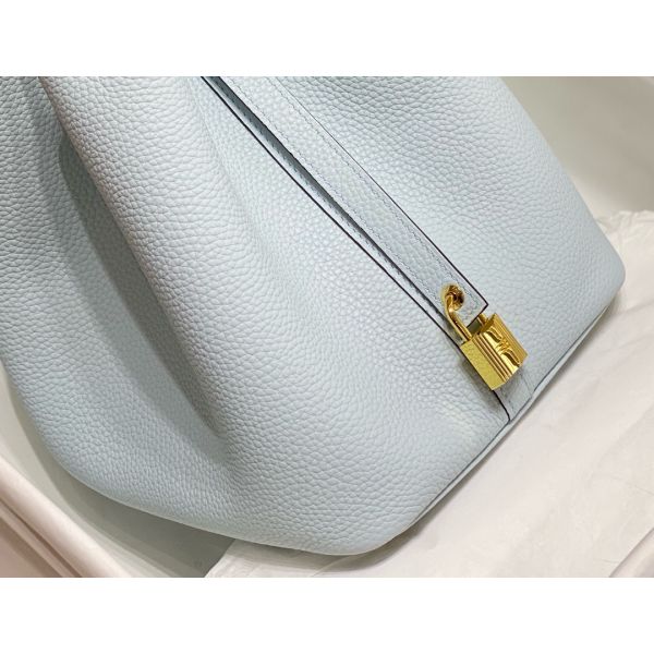 HERM Picotin Lock 18 Bag In Blue Brume Clemence Leather