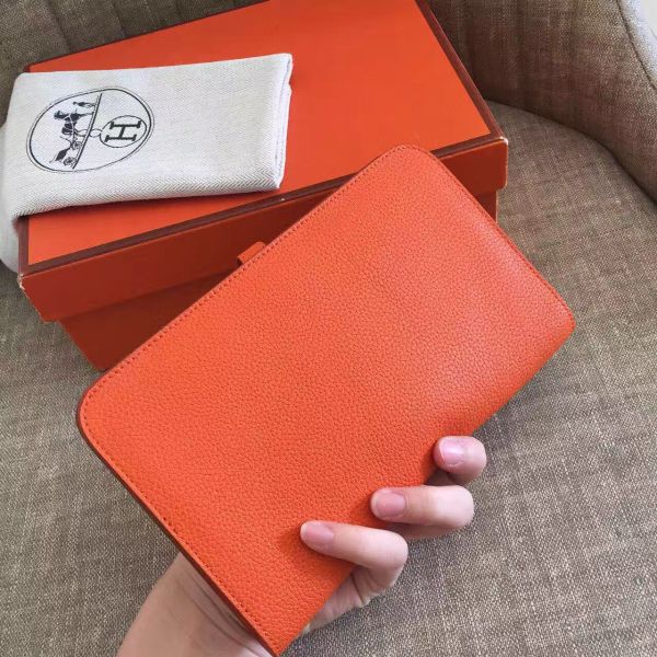 HERM Dogon Duo Wallet In Orange Clemence Leather