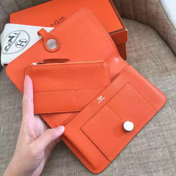 HERM Dogon Duo Wallet In Orange Clemence Leather