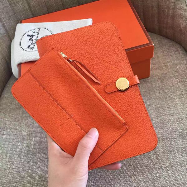 HERM Dogon Duo Wallet In Orange Clemence Leather