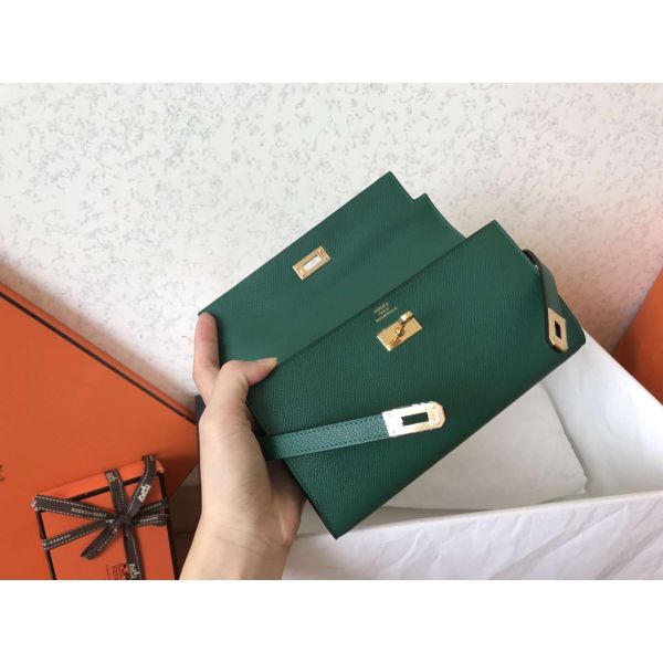 HERM Kelly Classic Long Wallet In Malachite Epsom Leather
