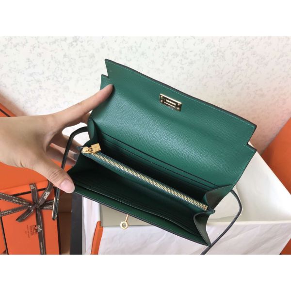 HERM Kelly Classic Long Wallet In Malachite Epsom Leather
