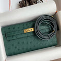 HERM Kelly Classique To Go Wallet in Malachite Ostrich Leather