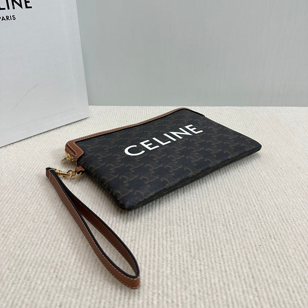 SMALL POUCH 25 IN BLACK TRIOMPHE CANVAS AND BROWN CALFSKIN WITH CELINE PRINT