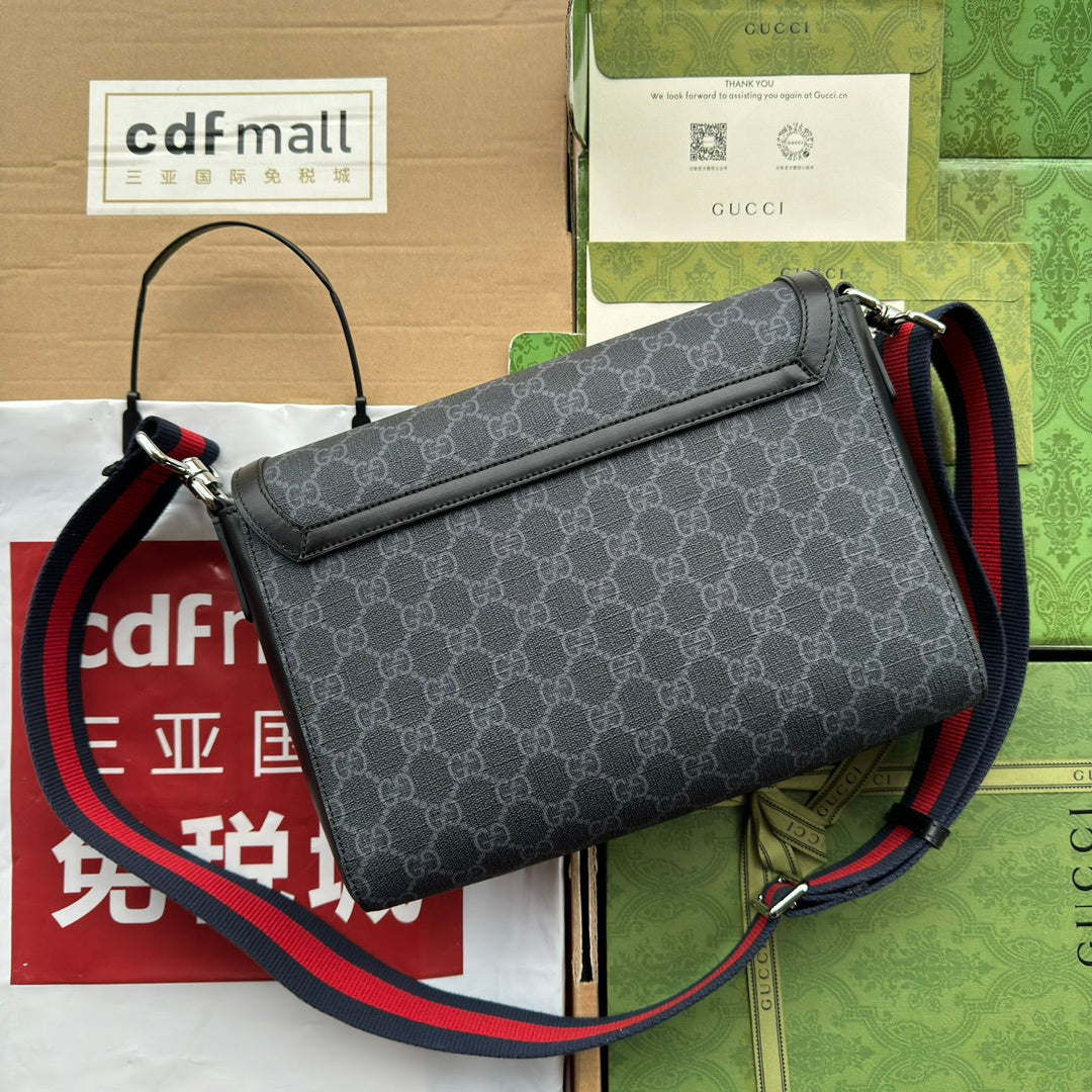 OPHIDIA MEDIUM MESSENGER FLAP BAG 27 IN DARK GREY AND BLACK CALFSKIN