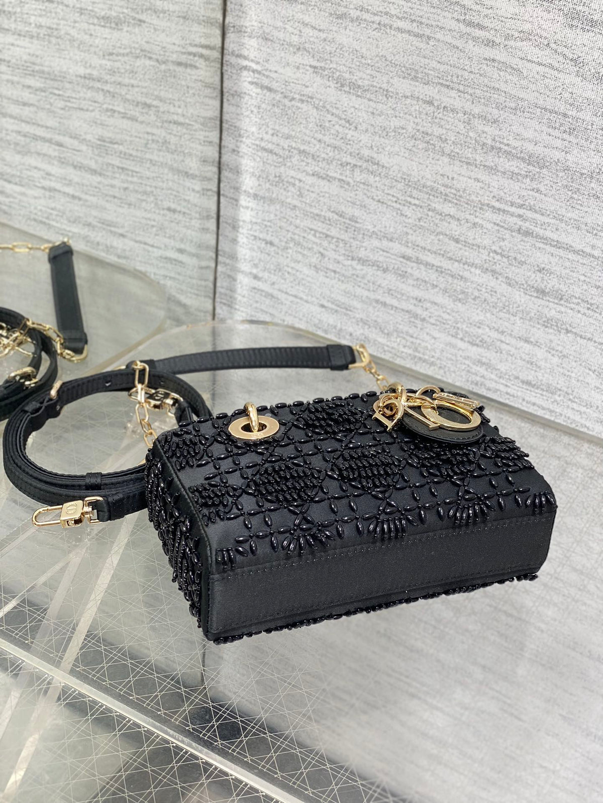 MINI LADY BAG 16 IN BLACK SATIN AND CALFSKIN WITH BEADED DESIGN