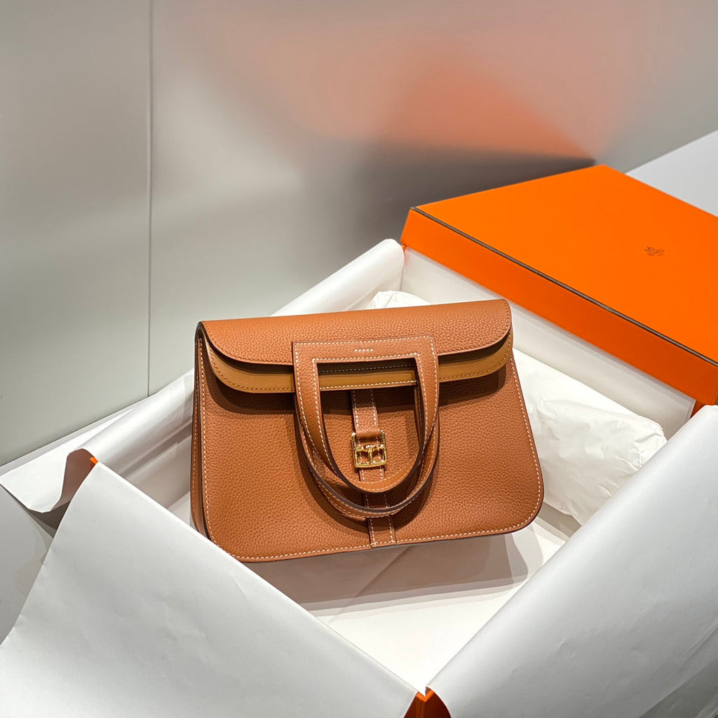 HALZAN 25 HANDLE BAG IN DULL ORANGE GRAINED CALFSKIN
