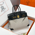 QUADRILLE BIRKIN 30CM IN BLACK SWIFT CALFSKIN WHITE BLACK PLAID TOILE CANVAS