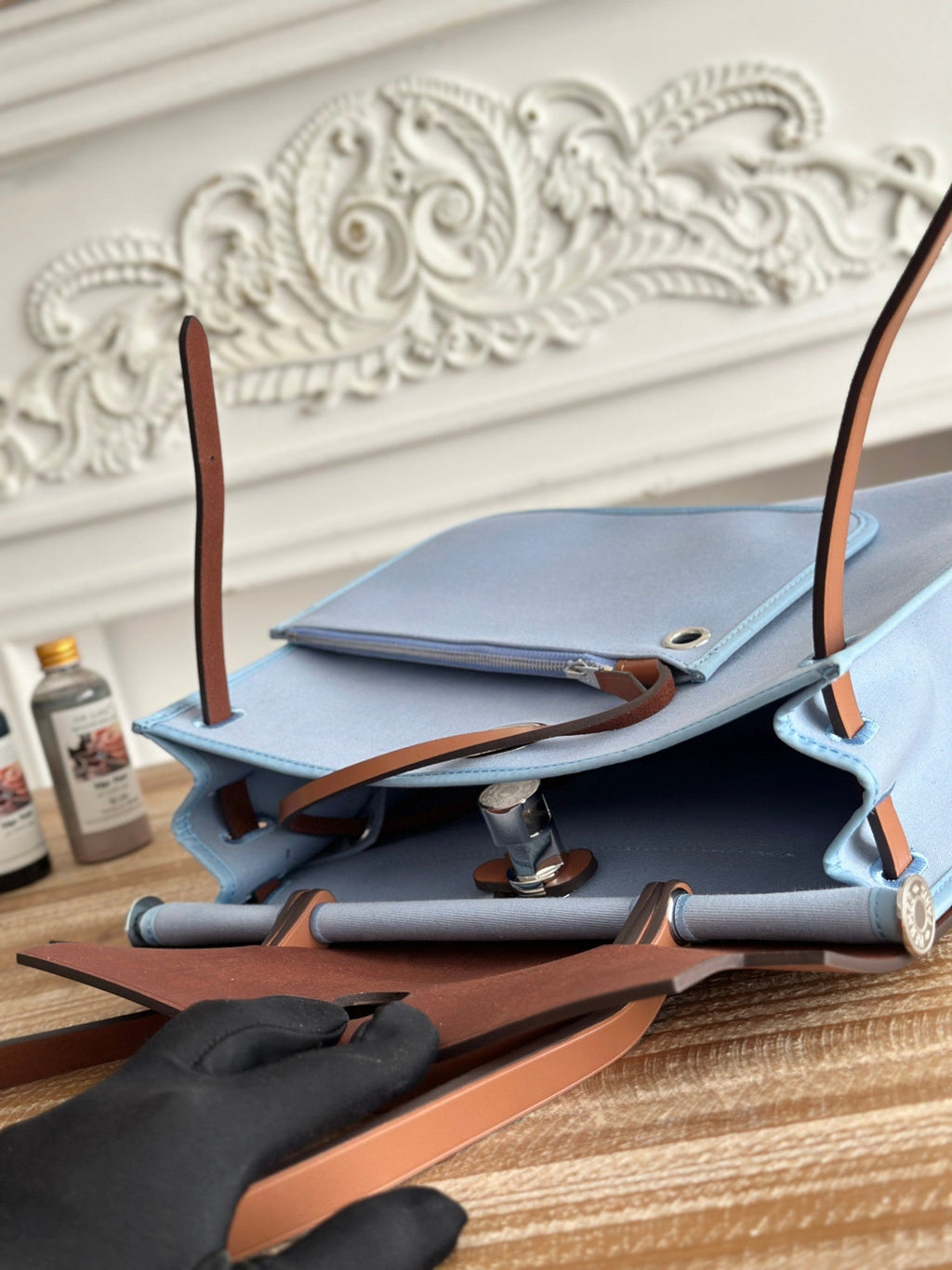 ZIP CABINE 31 BAG IN LIGHT BLUE CANVAS AND BRONZE BROWN CALFSKIN