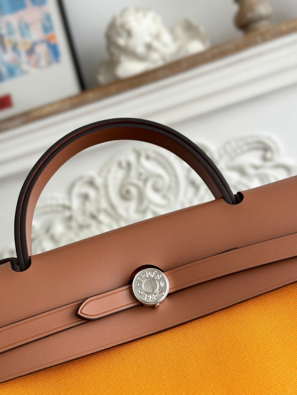 ZIP CABINE 31 BAG IN APRICOT ORANGE CANVAS AND BRONZE BROWN CALFSKIN