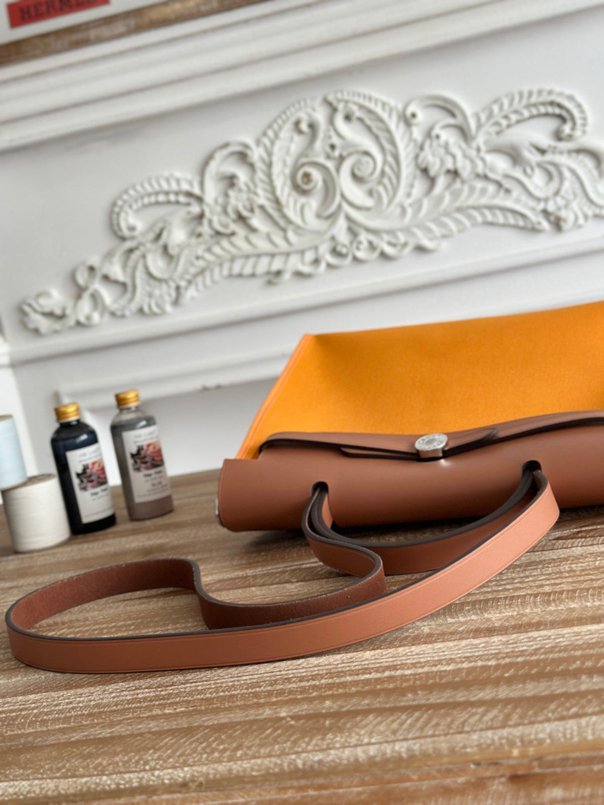 ZIP CABINE 31 BAG IN APRICOT ORANGE CANVAS AND BRONZE BROWN CALFSKIN