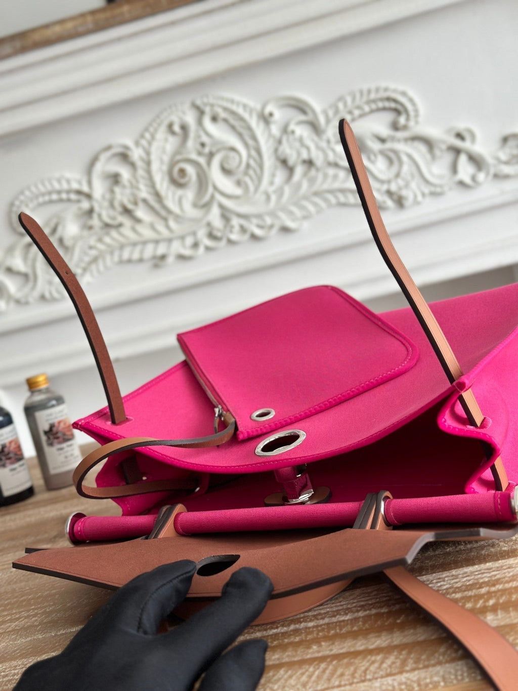 ZIP CABINE 31 BAG IN FUCHSIA PINK CANVAS AND BRONZE BROWN CALFSKIN