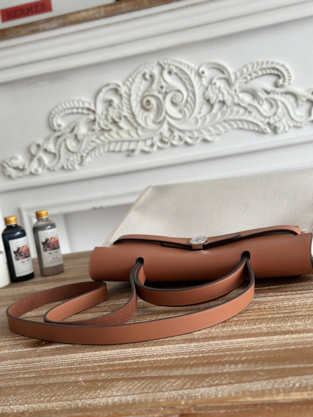 ZIP CABINE 31 BAG IN PALE GRAY CANVAS AND BRONZE BROWN CALFSKIN