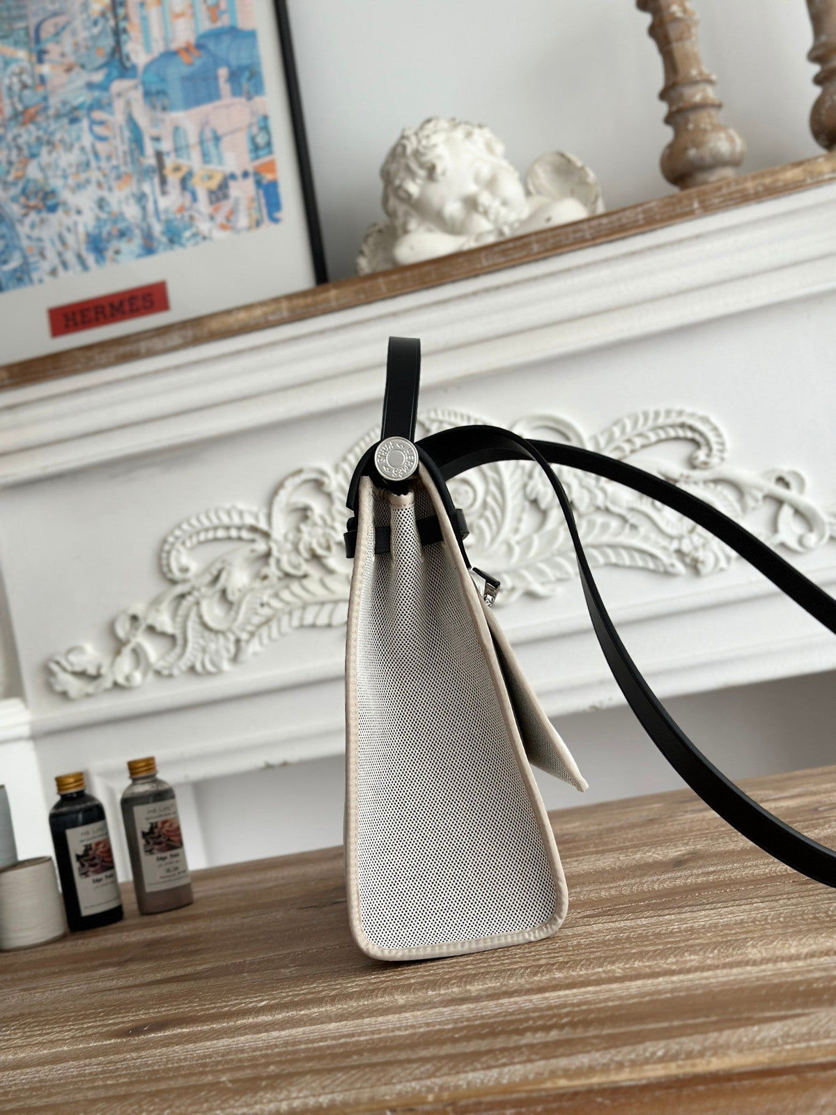 ZIP CABINE 31 BAG IN PALE GRAY CANVAS AND BLACK CALFSKIN