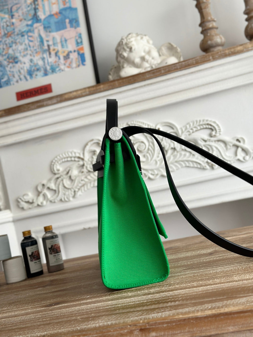 ZIP CABINE 31 BAG IN EMERALD GREEN CANVAS AND BLACK CALFSKIN