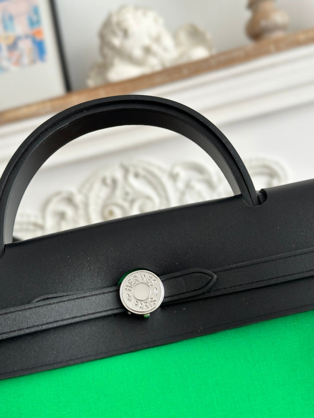 ZIP CABINE 31 BAG IN EMERALD GREEN CANVAS AND BLACK CALFSKIN