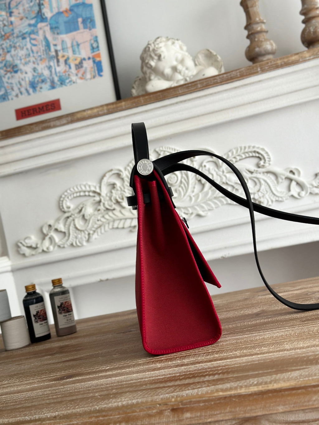 ZIP CABINE 31 BAG IN RUBY RED CANVAS AND BLACK CALFSKIN