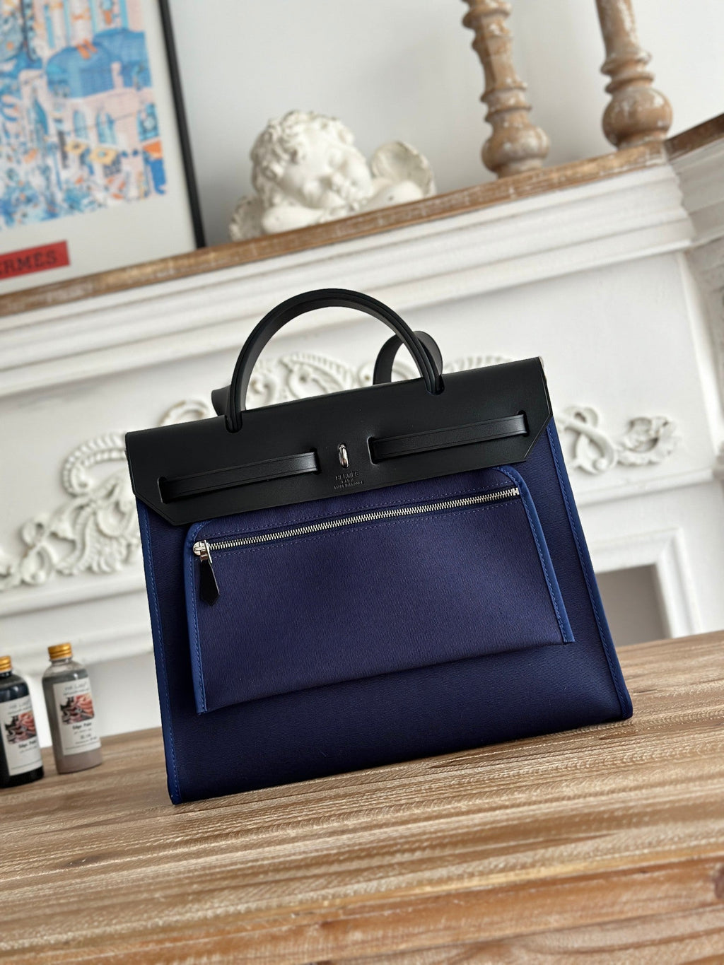ZIP CABINE 31 BAG IN NAVY BLUE CANVAS AND BLACK CALFSKIN