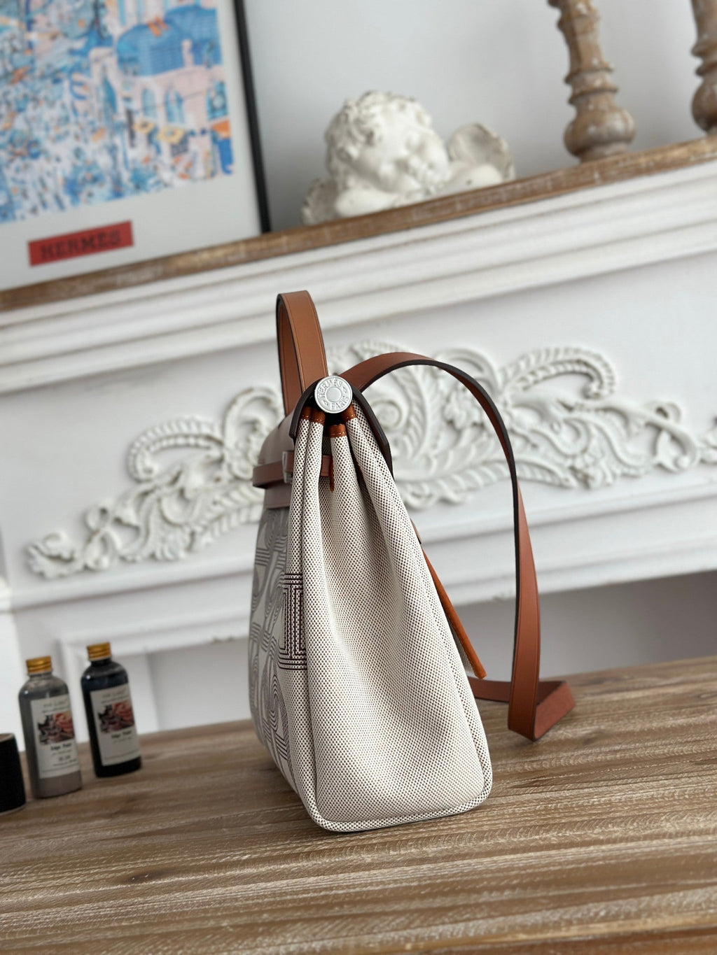 HERBAG ZIP 31 LAQUERED BAG IN OFF-WHITE MIX BROWN H PLUME CANVAS AND BROWN COWHIDE