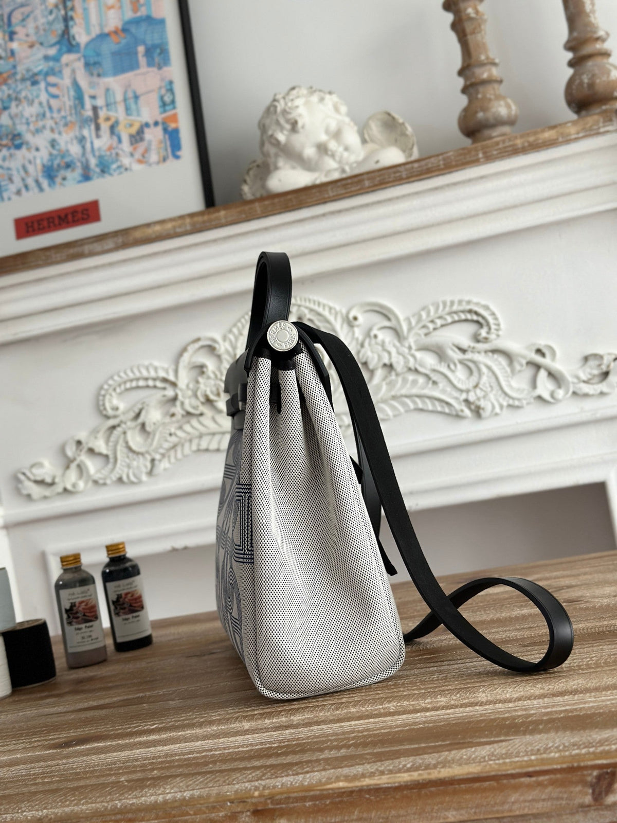 HERBAG ZIP 31 LAQUERED BAG IN OFF-WHITE MIX BLUE H PLUME CANVAS