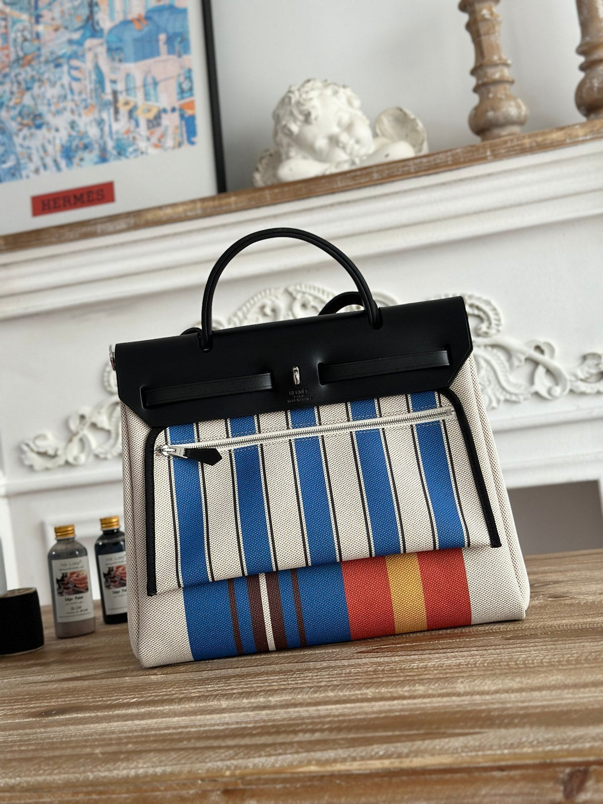 HERBAG ZIP 31 LAQUERED BAG IN BLUE MIX RED H PLUME CANVAS