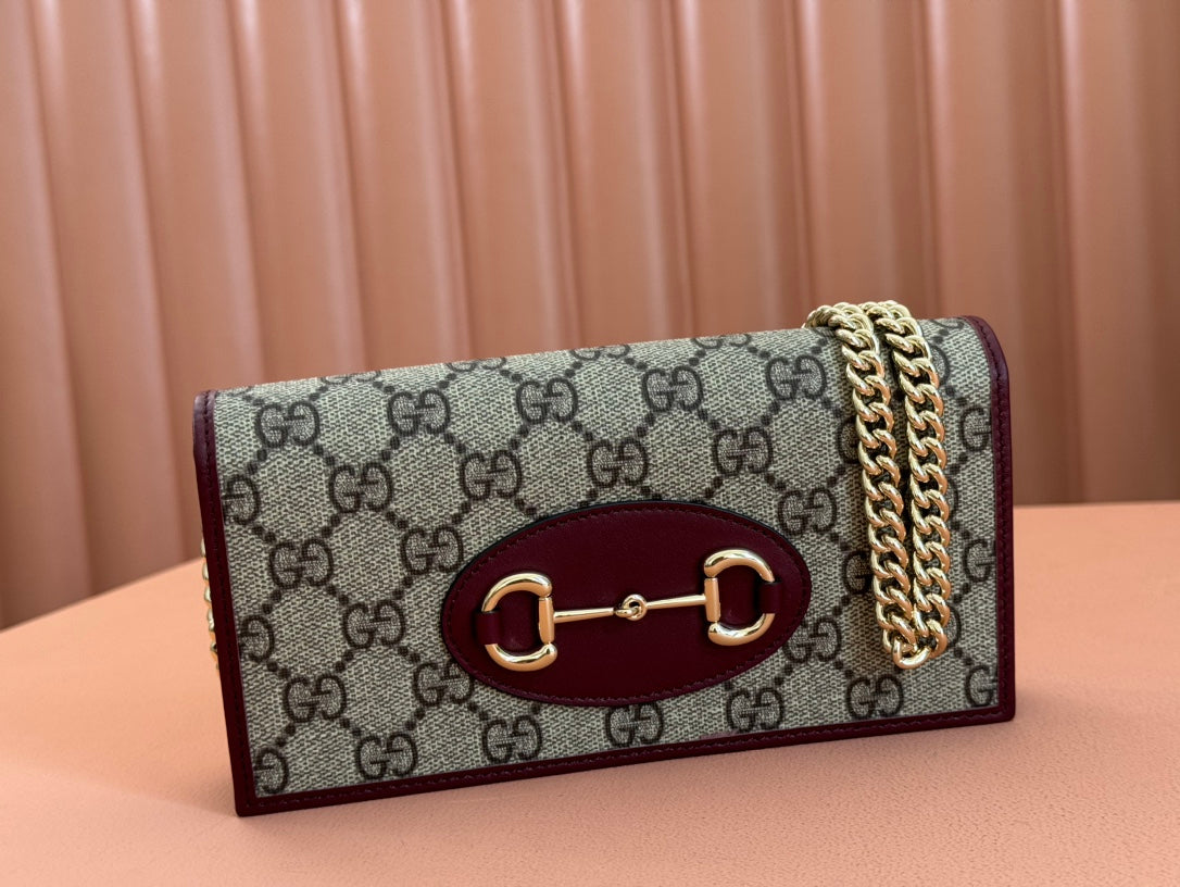 HORSEBIT 1955 WALLET ON CHAIN 19 IN BEIGE DARK BROWN NEW GG AND ROSSO ANCORA RED CALFSKIN