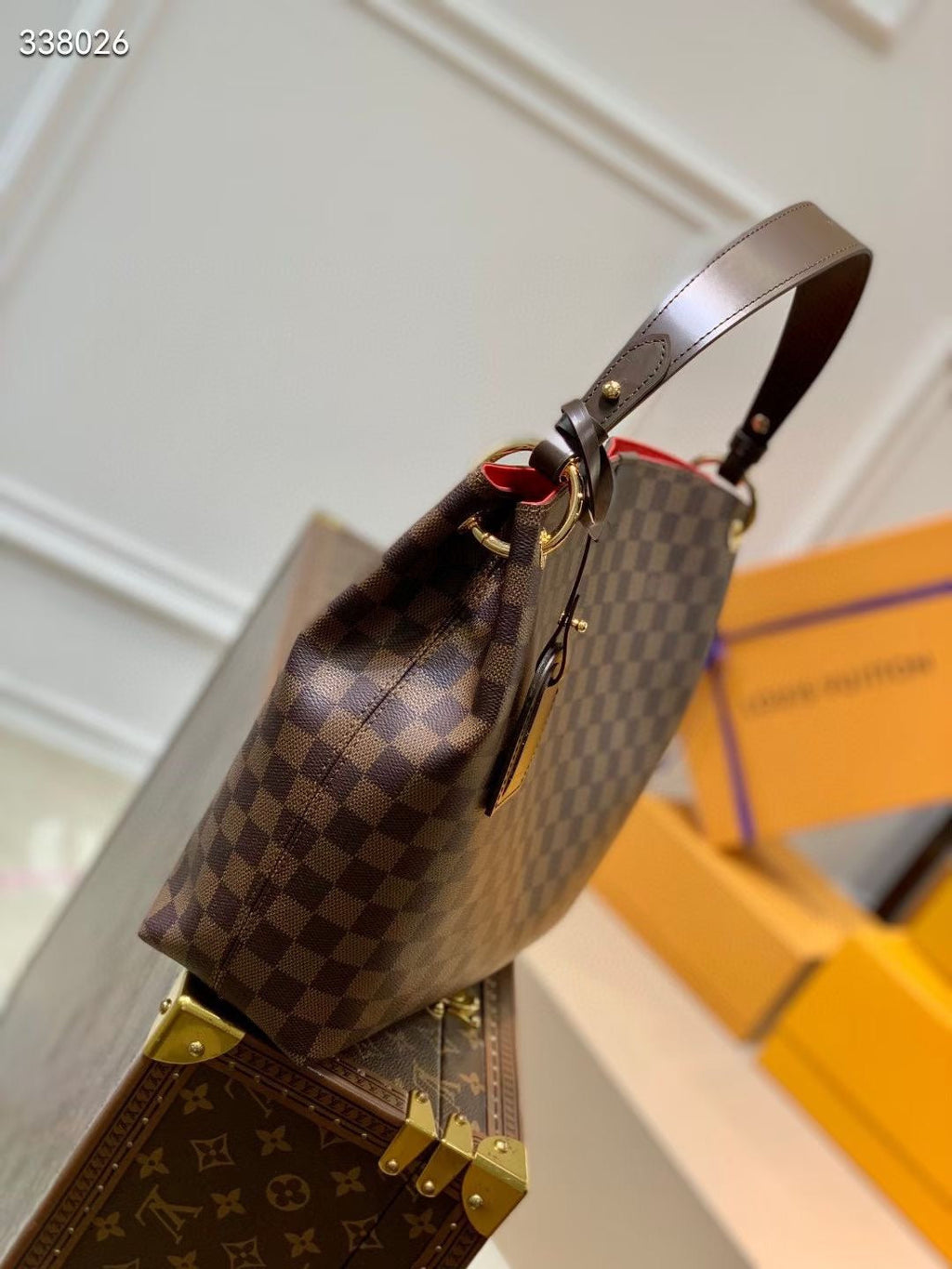 GRACEFUL MM BAG 35 IN BROWN DAMIER COATED CANVAS BROWN CALFSKIN