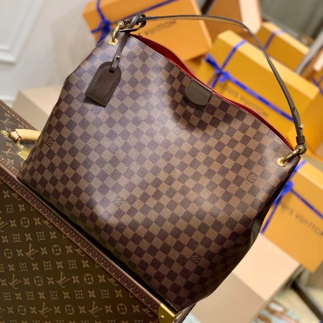 GRACEFUL MM BAG 41 IN BROWN DAMIER COATED CANVAS BROWN CALFSKIN