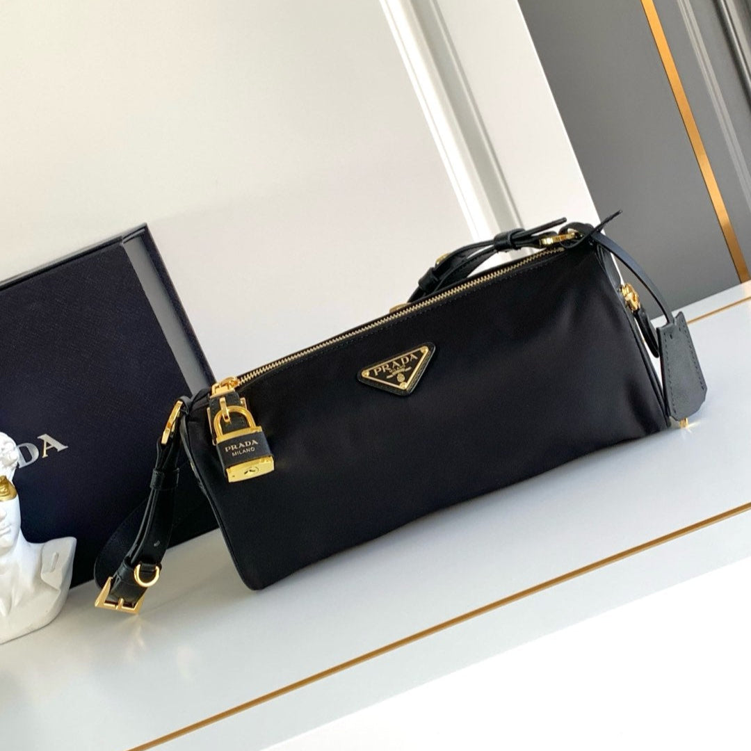 MINI POUCH 27 IN BLACK RE-NYLON AND SAFFIANO LEATHER STRAP