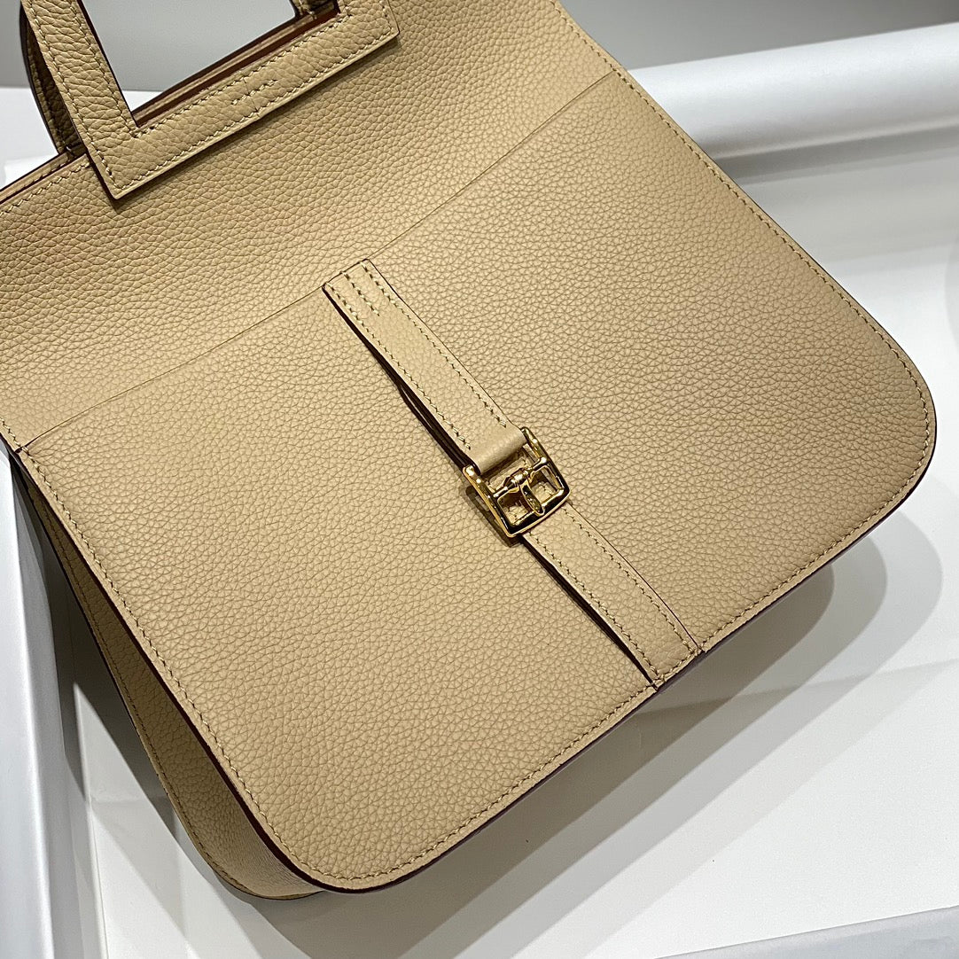 HALZAN 25 HANDLE BAG IN TAN BROWN GRAINED CALFSKIN