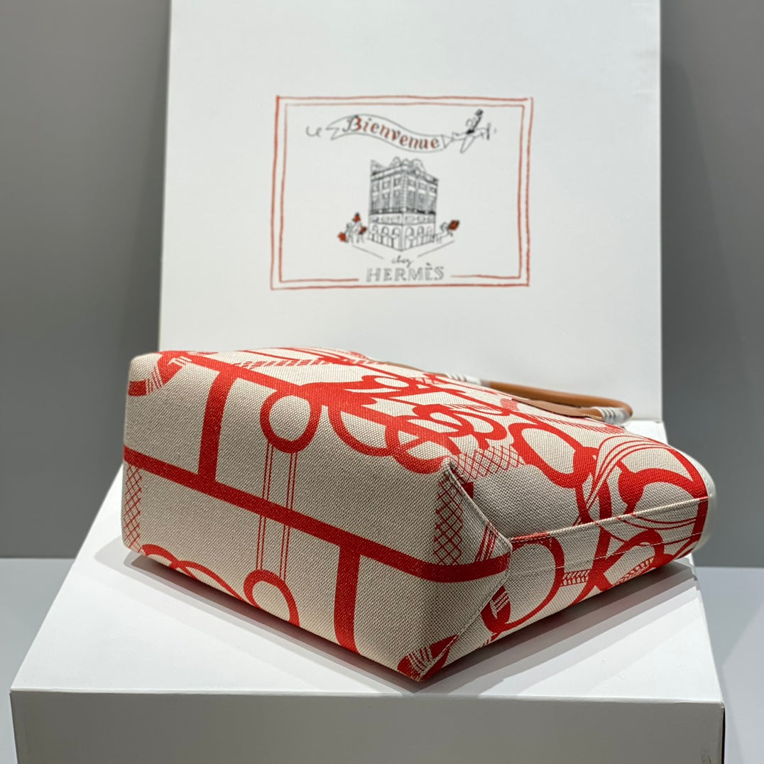 STEEPLE 28 BAG IN OFF-WHITE MIX LIGHT RED CANVAS AND BROWN SWIFT LEATHER