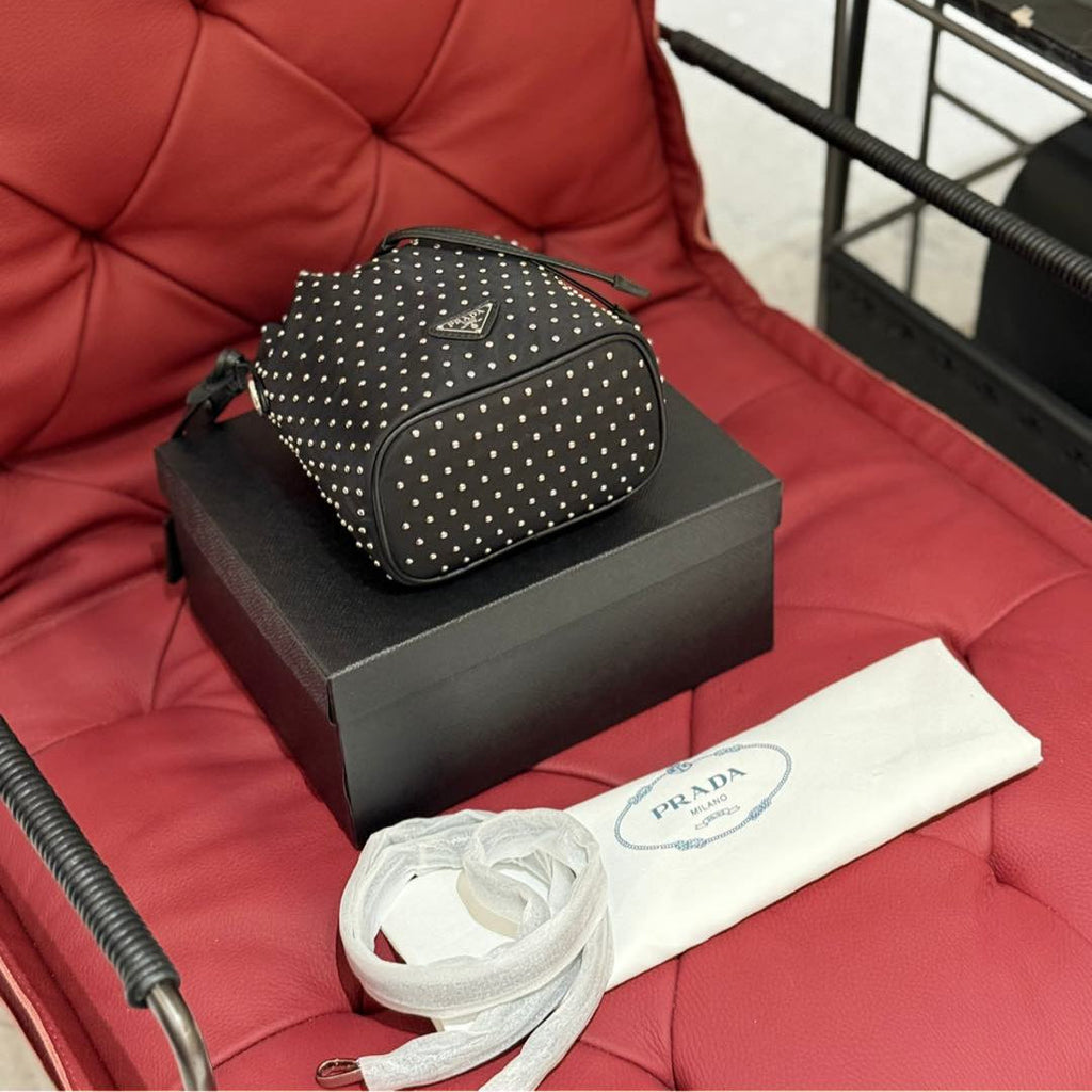 STUDDED DRAWSTRING BUCKET BAG 20 IN BLACK RE-NYLON MIX CALFSKIN