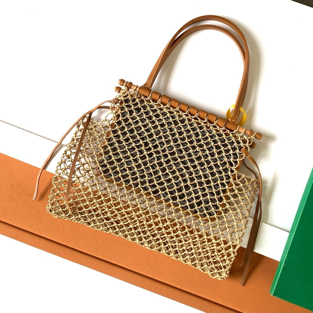 ALIGRE BAG 34 IN BROWN WOVEN RAFFIA AND CALFSKIN