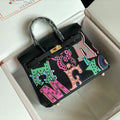 BIRKIN 25 BAG IN BLACK CALFSKIN WITH COLORFUL STICKER